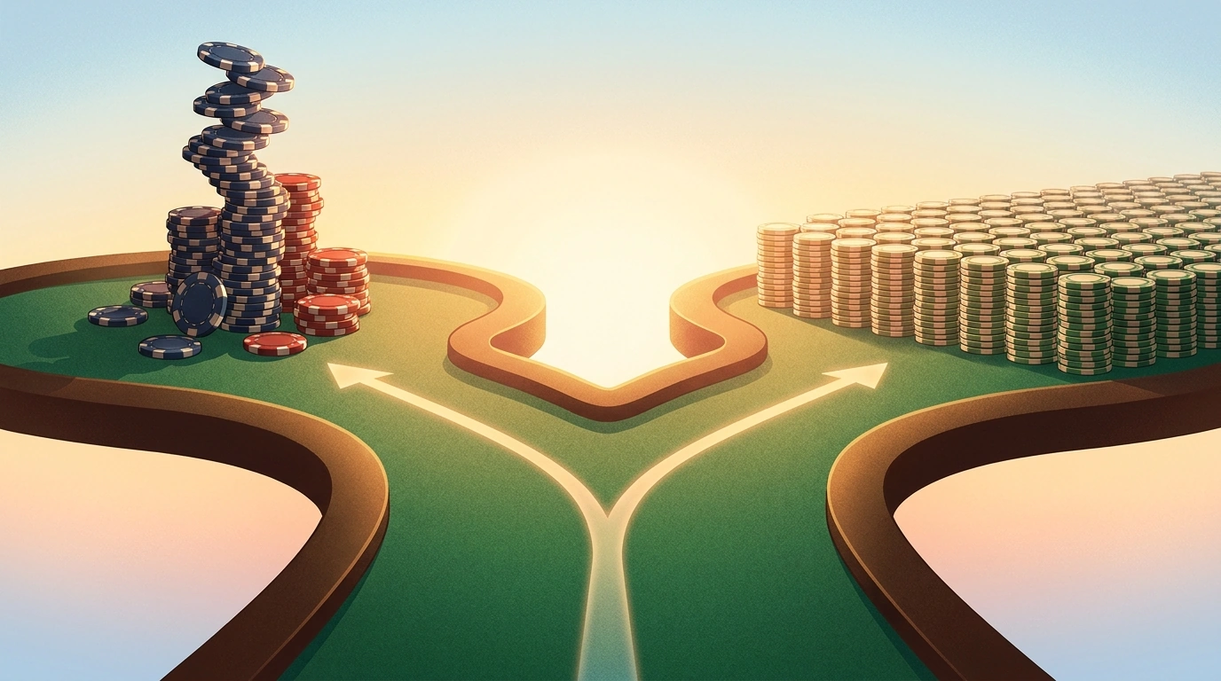 A fork in the road: the left leads to a tall chip tower (polarize), the right to even chip stacks (merge)