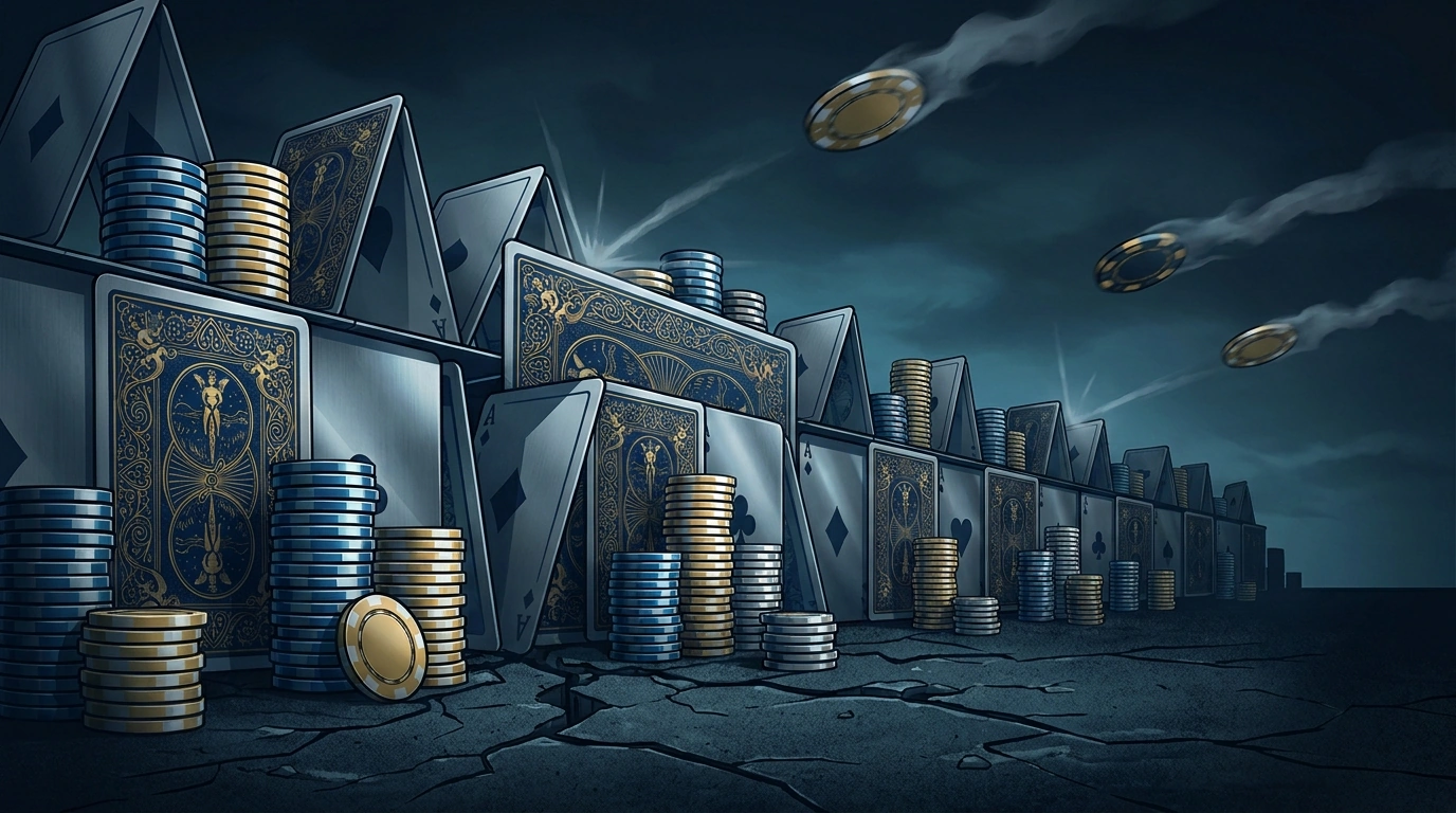 A rampart of cards and chips holding back incoming chips — defending at the required Minimum Defense Frequency