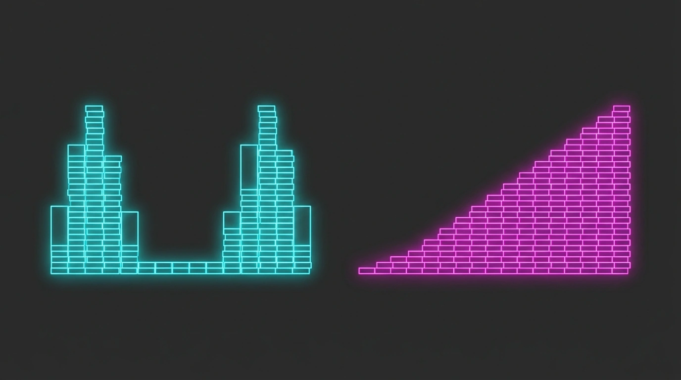 Two peaks with a valley (bimodal, polarized) versus a smooth rising ramp (merged ladder)