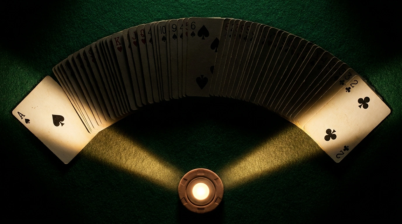 Only the extreme ends of a card fan are lit while the middle stays dark — a big bet represents only the polar ends of a range